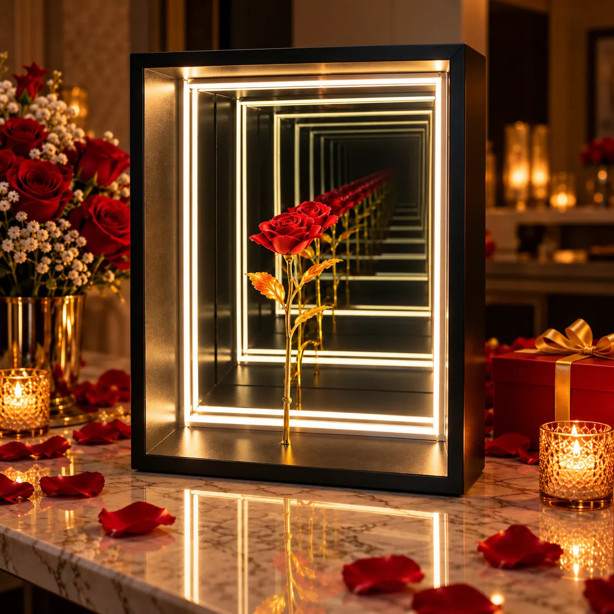 Infinity Flower LED Mirror Wall Decor with Artificial Flowers (Height: 16 inches)