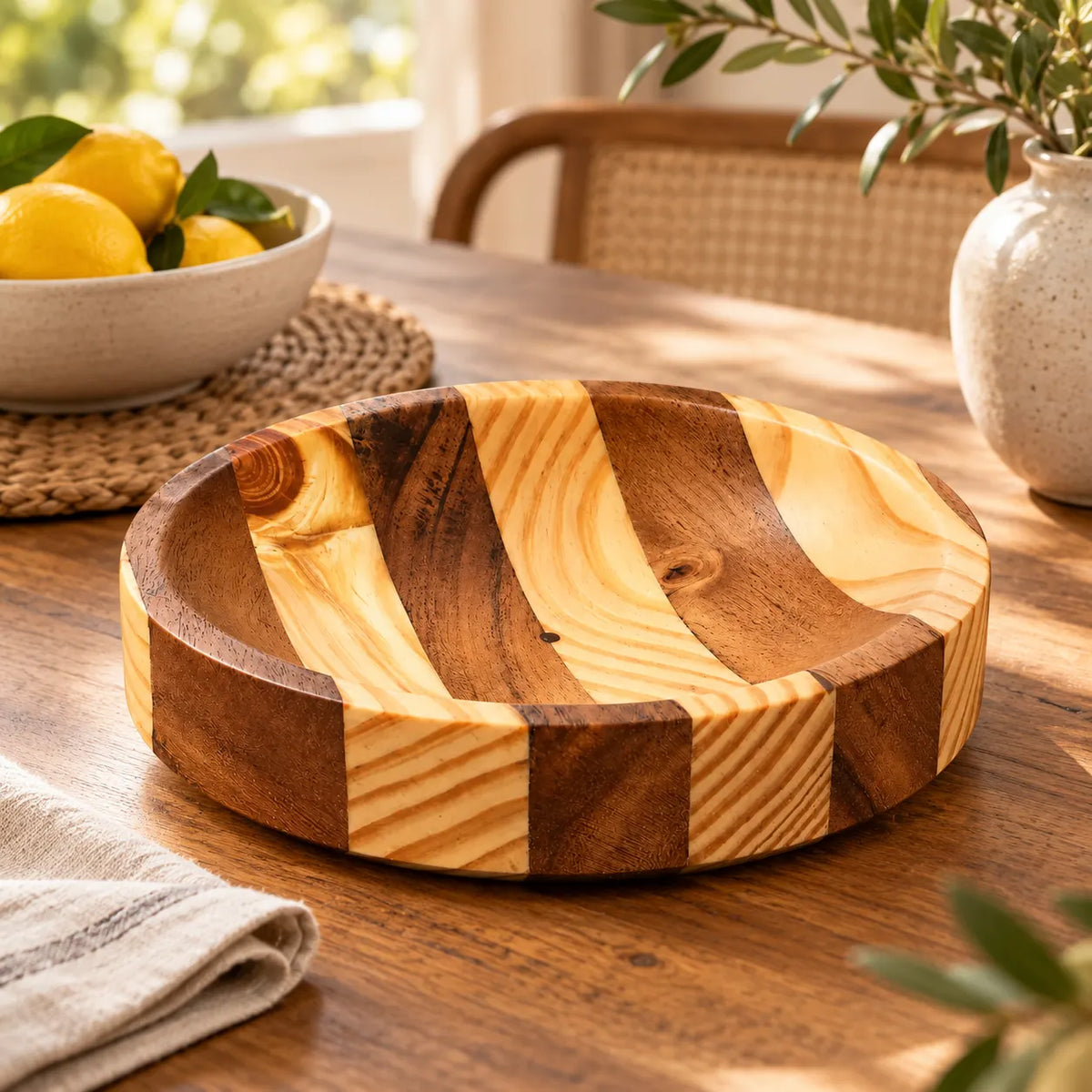 KailStripe Handcrafted Wooden Bowl – Two-Tone Kail Wood Decorative & Serving Bowl