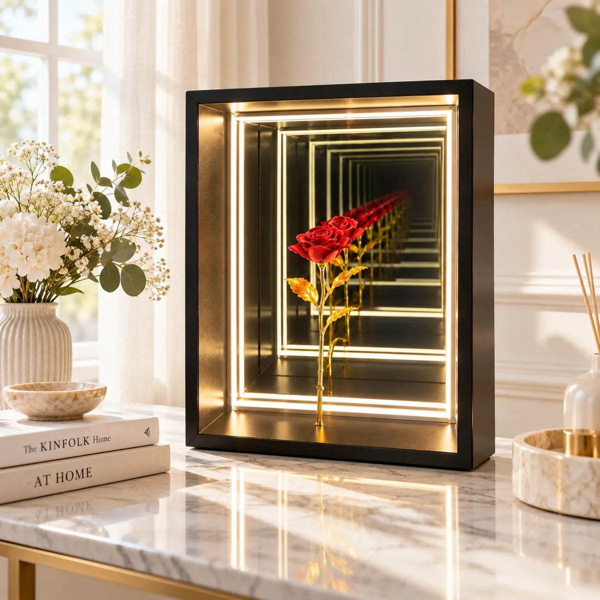 Infinity Flower LED Mirror Wall Decor with Artificial Flowers (Height: 16 inches)