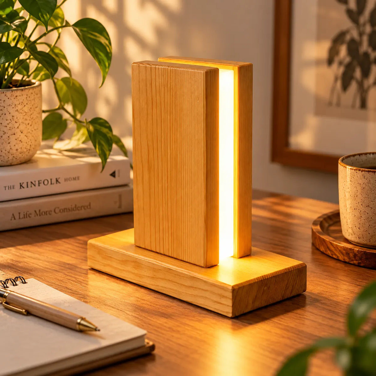 LumaWood Vertical Glow Table Lamp – Premium Kail Wood LED Ambient Light